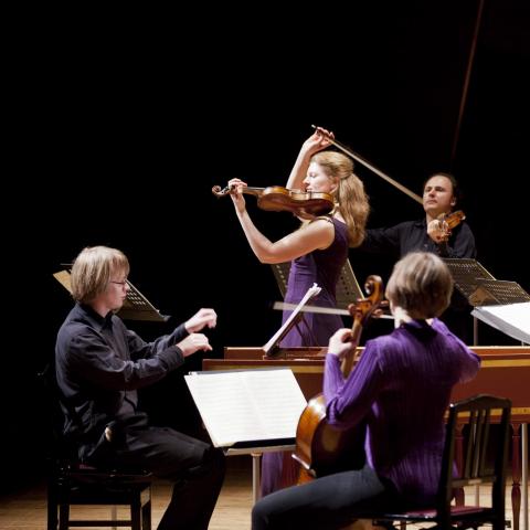 Brecknock Sinfonia, i the foreground is a man playing a harpsichord, a female cellist has her back towards the camera. In the background are four violinists, violins on their shoulders and bow held in the air