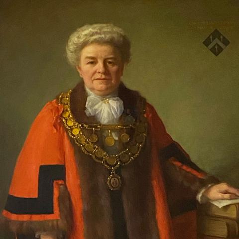Portrait of Mayor Gwenllian Morgan in Brecon Guildhall
